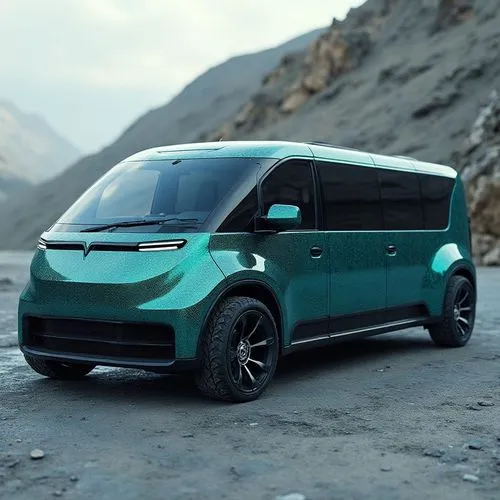 A high-performance electric off-road van with carbon texture, the format is like a bus or a limousine, the vehicle is pure technological and a very futuristic design but their colors is textured with 