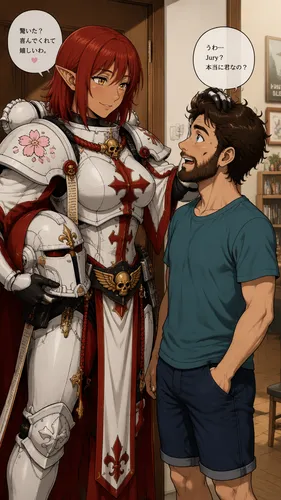 Manga style:

Jury, a 32-year-old Asian elf with Japanese features, pointed ears, shoulder-length scarlet hair, and yellow eyes.
She is clad in Warhammer 40k Sisters of Battle armor. The armor is whit
