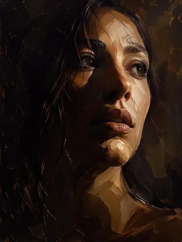  "Impasto oil painting, moody chiaroscuro portrait. A woman's face partially illuminated by a strong side light, casting deep shadows on one side. The light side is rendered with thick, raised impasto