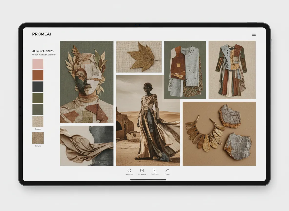 An example of a digital mood board created with PromeAI, showing a consistent color palette and texture across multiple generated collage art snippets for a fashion brand.