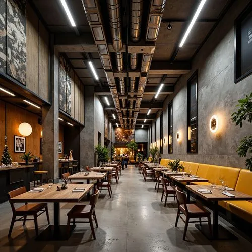 Deconstructed dining hall, asymmetrical architecture, fragmented forms, irregular shapes, distressed concrete walls, exposed ductwork, industrial-style lighting, reclaimed wood accents, eclectic furni