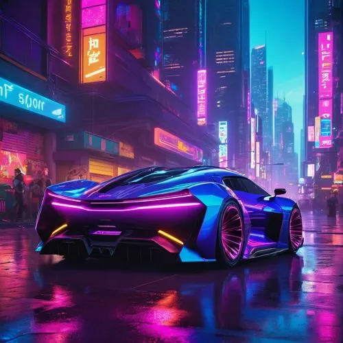 A futuristic sports car with a sleek, aerodynamic design, featuring a vibrant purple exterior and neon blue and pink accents. It's parked on a rain-soaked city street at night, illuminated by colorful