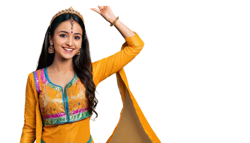 Girl, Indian festival, Navratri celebration, colorful traditional dress, intricate embroidery, golden jewelry, bindi on forehead, dark hair, bright smile, solo, dancing, dandiya raas, spinning, vibran