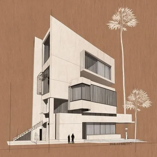 Hand-sketched pencil drawing of an apartment facade on aged paper. The sketch is expressive yet detailed, capturing architectural aesthetics. Around the edges, scattered phase-two details and construc