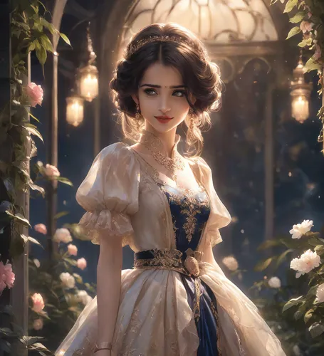 Bhadrika - Elegance 1.0,belle,snow white,cinderella,fantasy portrait,victorian lady,white rose snow queen,fairy tale character,rosa 'the fairy,fairest,enchanting,romantic portrait,noblewoman,fairy que