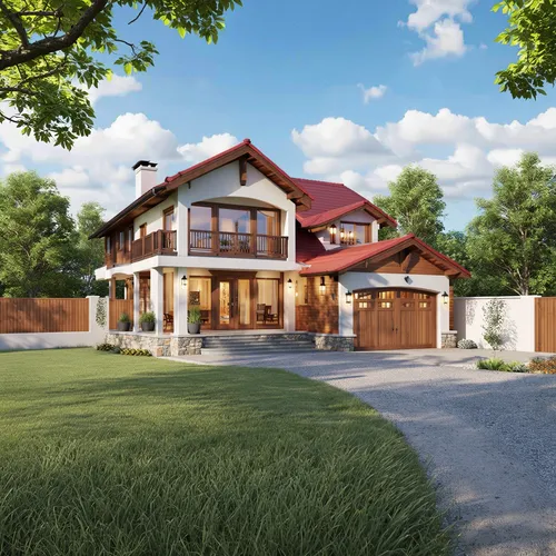 "A beautiful two-story American-style chalet with a red gabled roof, white stucco walls, and large glass windows. The house is surrounded by a solid perimeter wall for privacy, featuring wooden gates 