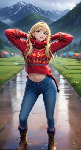 close-up anime of a beautiful caucasian girl 21 years old with blonde hair blue eyes, red lips, her face is partially obscured by a colorful knit sweater with colors like red, yellow, and white, and a