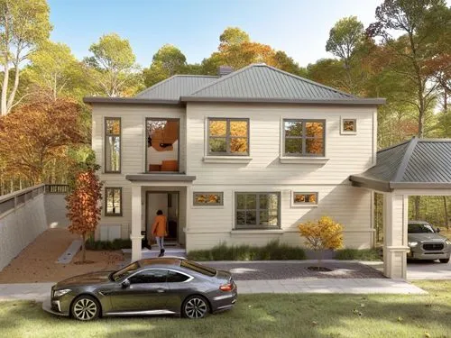 a drawing of a house with trees in the background,3d rendering,fresnaye,modern house,render,renderings,smart house,prefab,wahroonga,passivhaus,sketchup,folding roof,residential house,smart home,duplex