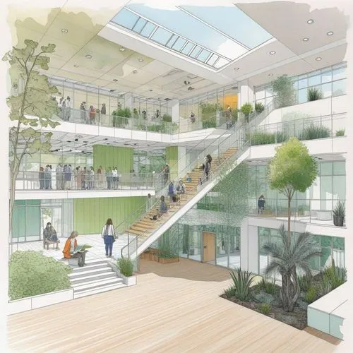 multi-level indoor atrium, school building 

