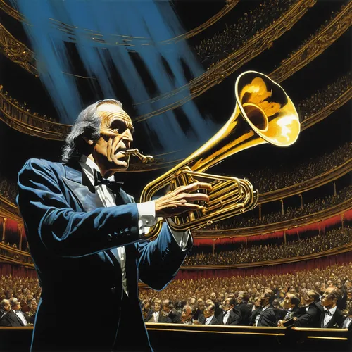 Write a thrilling story featuring a golden trumpet at a grand concert hall.,fanfare horn,brass instrument,flugelhorn,trombonist,trombone player,saxhorn,trumpet player,trumpeter,philharmonic orchestra,
