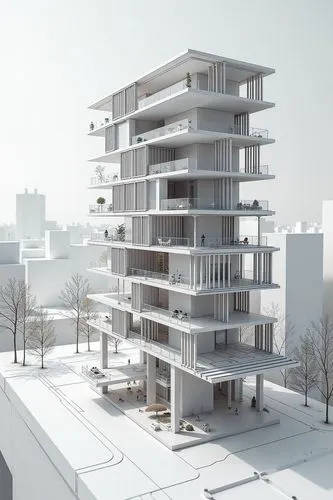 detailed architectural model of a multi-story building. The model is displayed in a monochromatic, technical style, showcasing various structural elements such as floors, rooms, and support beams.