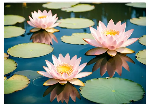 Delicate lotus flowers, pink petals, yellow centers, soft focus, shallow depth of field, warm natural light, gentle ripples on water surface, subtle reflections, 3/4 composition, cinematic lighting, v