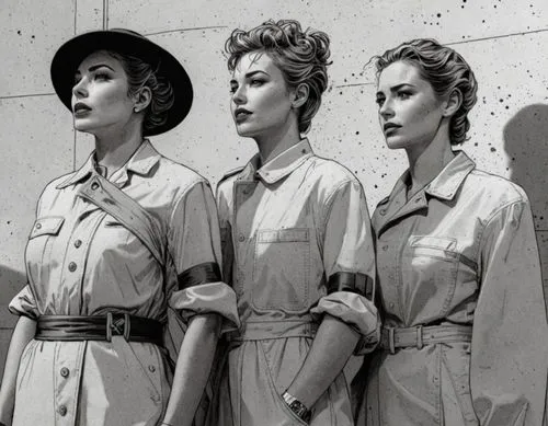 COMIC STYLE, COMIC ART, Tuschelinien, Schatten, dynamische Linienführung, 2000's Comic‑Look, slim black ink outline,three women in dress uniforms are standing in line,riveters,policewomen,stewardesses