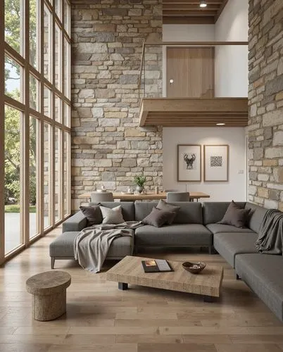 A spacious living room with stone walls and a double-height ceiling. The furniture includes a gray sectional sofa and rustic wooden coffee tables. Large windows offer views of surrounding greenery, wh