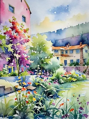 Дома в саду,painting of a home with an inviting garden and gate,fairy village,watercolor background,village scene,church painting,watercolor cafe,cottage garden