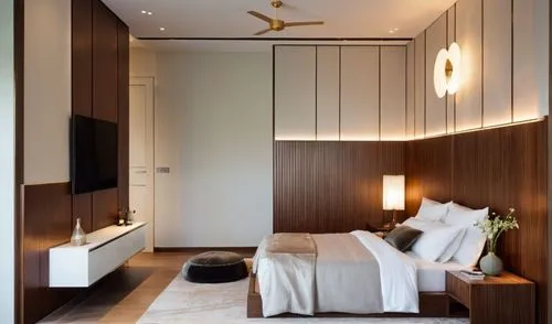 interior room render, tv unit and bed back is in louvers, use light colors, add realistic  materials according to the reference, add lighting
,an inside bedroom that has a white bed and a flat screen 