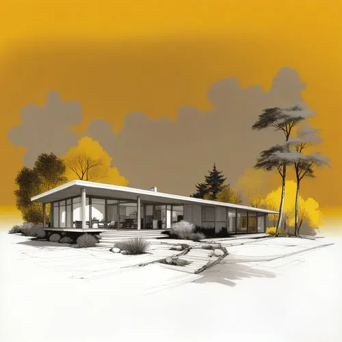 a painting of a building in the snow with trees and clouds,neutra,mid century house,eichler,mid century modern,midcentury,dunes house,savoye,mies,aalto,matruschka,home landscape,sketchup,tugendhat,mid