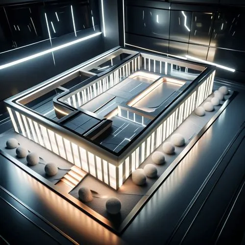 an aerial view of a modern building lit up by white lights,nightclub,render,stage design,courtroom,construction set,renders,school design,theater stage,interior modern design,kitchen design,sky space 