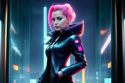  Девушка в футуристическом лифтовой кабине ,the girl in the futuristic space suit with pink hair,tron,synthetic,futuristic,neon arrows,cyberpunks,cyberpunk,cybernetic,neon lights,sci fiction illustrat