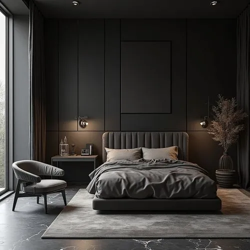  ,an empty bed, with two lamps and a chair,bedroom,minotti,modern room,chambre,dark cabinets,danish room,bedrooms,dark cabinetry,great room,modern decor,guest room,contemporary decor,sleeping room,int