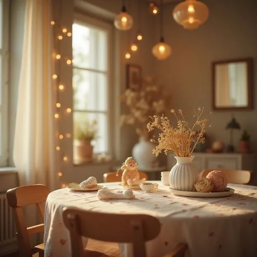 exclusive kids room elegant decoration on table ,delicate ,blured background,zoom focus
,the dinning table is set with some food,autumn decor,holiday table,autumn decoration,vintage kitchen,place sett