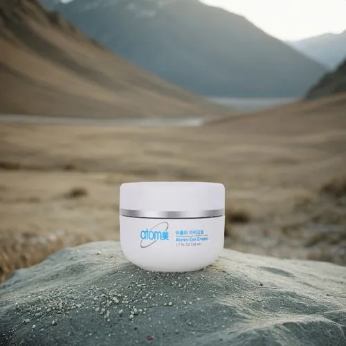 Create an elegant, clean, and luxurious background for a beauty cream packaging shot. The scene should evoke a sense of sophistication and purity, aligning with the Atomy brand's commitment to high-qu