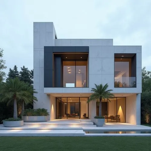 A hyper-realistic, high-resolution architectural photograph capturing a grand, ultra-modern luxury mansion at twilight. The building’s façade is composed of smooth white stone panels contrasted with s