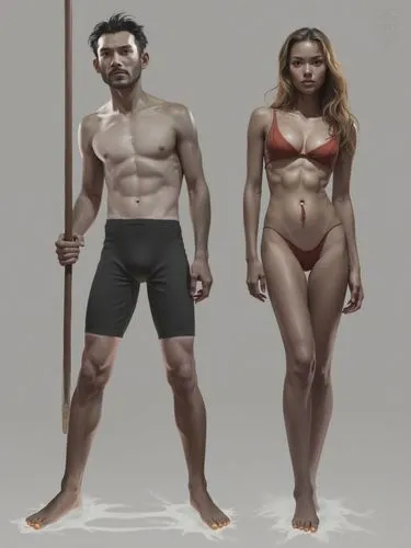 Like Statues,a rendering of two models in underwear,workout icons,bodybuilders,physiques,body building,man and woman,athletic body,fitness coach,figure group,bodybuilding,musclemen,human evolution,per