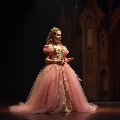 A teenage girl performing in a high school theater production, dressed as a princess in an elaborate costume. She’s standing under a spotlight, delivering a heartfelt monologue on a grand, handmade st