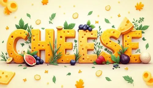 Design a vibrant typography-focused illustration that creatively showcases the word "CHEESE," with each letter uniquely formed from different types of cheese, such as cheddar for "C," mozzarella for "