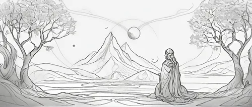 a drawing depicting a woman standing in the mountains,thingol,dryads,elven forest,swampy landscape,mirkwood,alfheim,finrod,ghost forest,backgrounds,primordia,weeping willow,dryad,ithilien,cypresses,ma