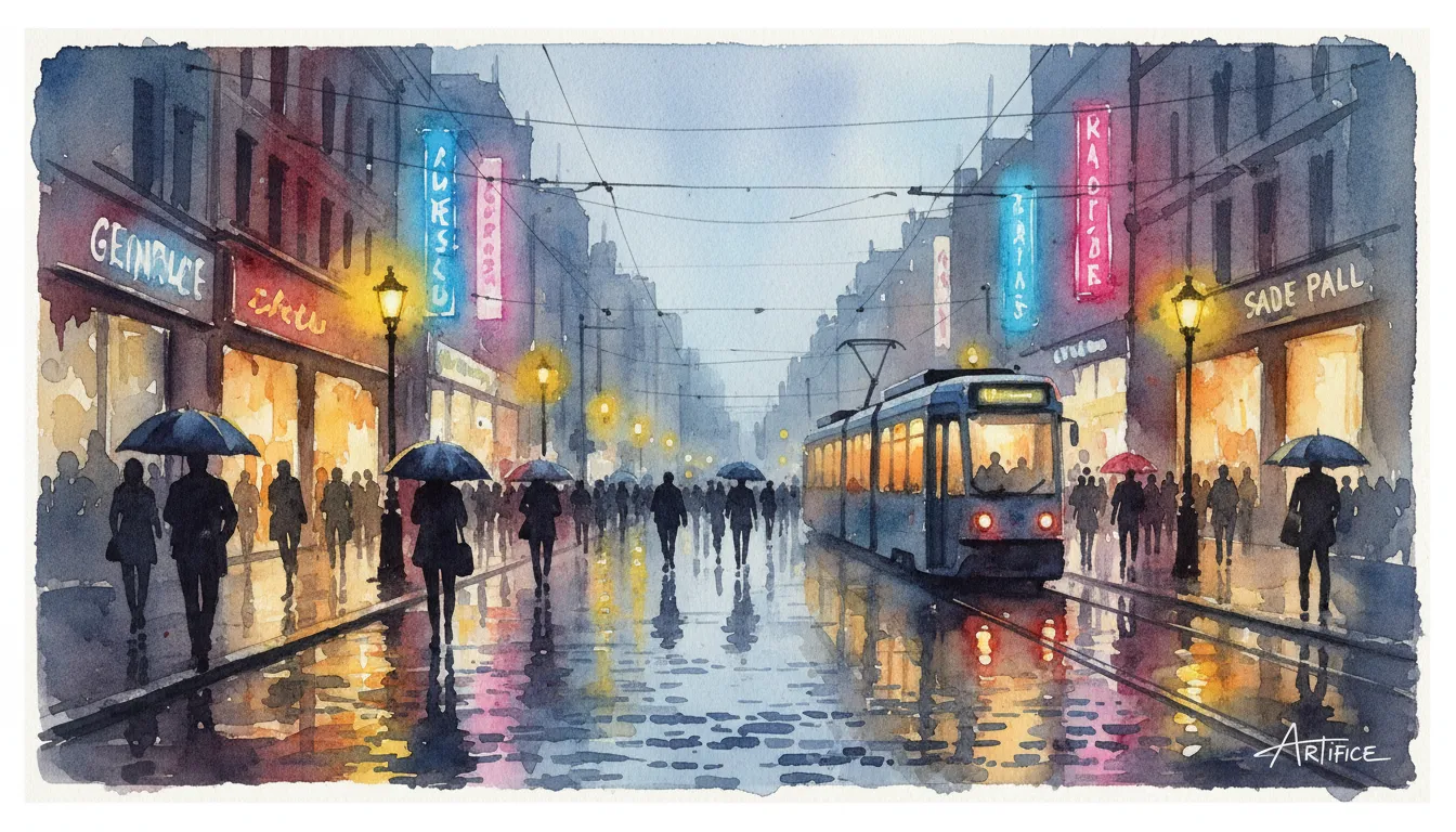 Un vivace manifesto ad acquerello generato dall'AI di una trafficata scena di strada cittadina al crepuscolo, con luci brillanti e colori tenui e sfumati.