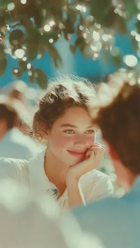A summer schoolyard scene, girl laughing with friends under the trees, soft sunshine filtering through leaves, boy in the background unconsciously smiling as he watches, blurred foreground, bokeh ligh