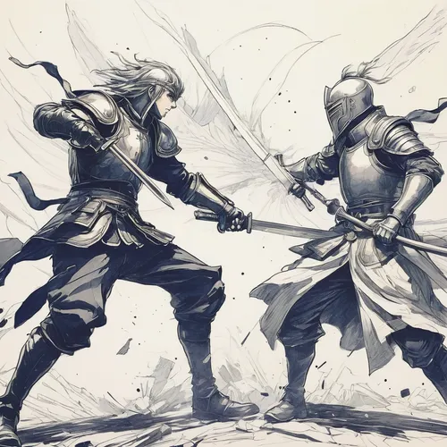 Create a dramatic anime sketch of a battle between two powerful characters.,swordsmen,sword fighting,knights,swords,knight armor,assassins,knight,warrior and orc,lancers,duel,knight festival,inward ar