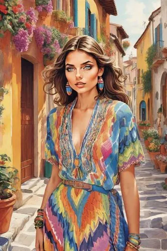 VINTAGE PHOTOGRAPH OF A WOMAN IN CASUAL CLOTHING FROM THE 80s,italian painter,positano,mediterranean,taormina,boho art,world digital painting,capri,woman with ice-cream,boho,sicily,watercolor women ac