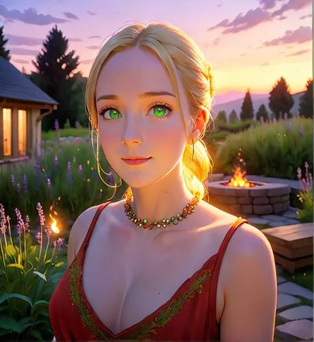 The room is filled with the soft glow of the sunset, casting a warm orange light upon the girl's beard. She wears a vibrant red dress, adorned with green eyes and a graceful smile. Her long blonde hai