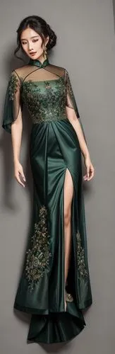 dark green embroidered cheongsam-style gown with sheer mesh shoulder and center split skirt,evening dress,gown,image manipulation,fashion vector,ball gown,fashion design,green dress,drape,overskirt,dr