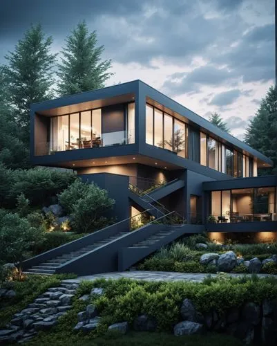 Architecture Design,a house that has been lit up in the night,modern house,3d rendering,modern architecture,render,renders,dunes house,Photography,General,Realistic