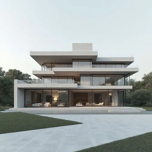 Three-story contemporary minimalist villa, exactly THREE full visible floors with identical heights, never two stories. Strong horizontal architecture with two interlocking volumes, elegant cantilever