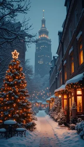 A magical Christmas wallpaper featuring cozy exterior, styled with monochrome tones, evoking a festive and cheerful atmosphere.,a christmas tree in a snowy alley leading to a church,zermatt,christmas 