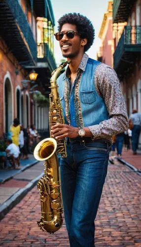 New Orleans, jazz musician, Jon Batiste, solo, standing, holding saxophone, sunglasses, short Afro hair, casual wear, denim shirt, dark blue jeans, brown boots, historic architecture, St. Louis Cathed