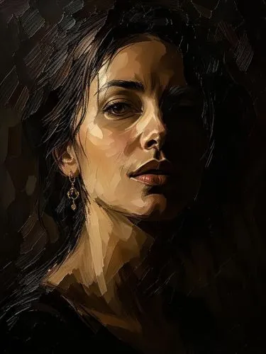 Prompt: "Impasto oil painting, moody chiaroscuro portrait. A woman's face partially illuminated by a strong side light, casting deep shadows on one side. The light side is rendered with thick, raised 