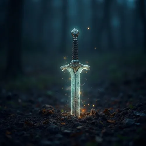Close shot of a sword is stuck in the ground, the sword is glowing and it fired, background is full of darkness. Ultra realistic 8k image,a fantasy sword in the middle of a forest,longsword,swords,bro