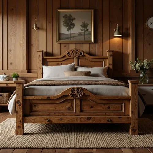 Rustic wooden bedframe, ornate carvings, distressed finishes, solid oak wood, wooden paneling, traditional craftsman style, cozy bedroom atmosphere, soft warm lighting, plush area rug, earthy color pa