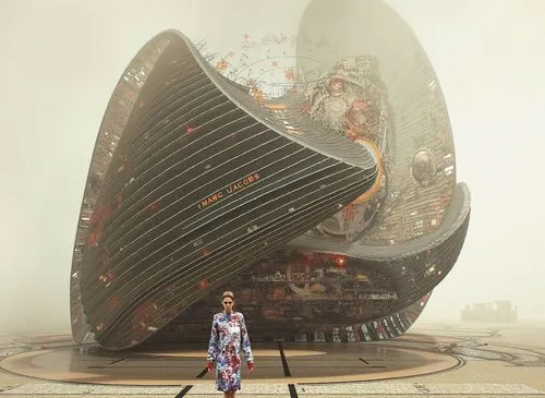 a woman standing next to an artisticly shaped building,futuristic art museum,pilgrim shell,alien ship,corpus,space ship model,burning man,sea fantasy,toroid,ellipsoidal,futuristic architecture,size co