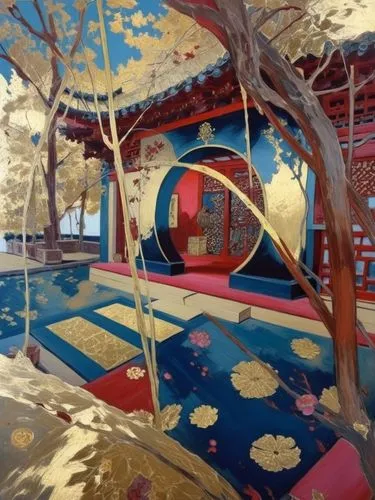 Китайский павильон,a painting with some gold and blue paint on it,play area,gymnastics room,circus tent,kids room,playrooms,playroom