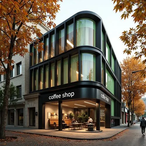 In an autumn setting, there is a stylish two-story coffee shop called "coffee shop." The exterior is black and light green, with large glass windows, and the design is creatively shaped, possibly like