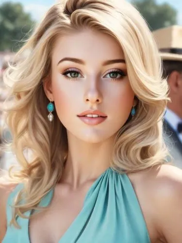 beautiful blonde lady enjoying a summer's day at Ascot, turquoise, photorealistic,a woman with blond hair is posing for the camera,beautiful young woman,blonde woman,beautiful woman,cool blonde,pretty