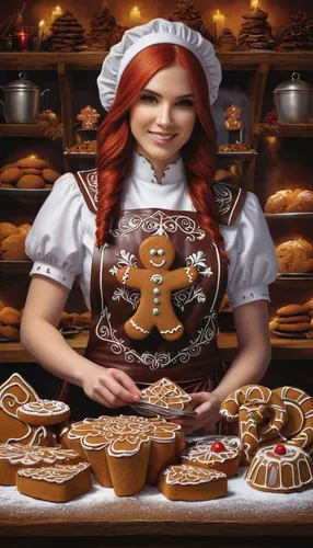 Imagine a gingerbread woman competing in a baking contest against other magical pastries.,gingerbread maker,gingerbread girl,gingerbread woman,gingerbreads,gingerbread cookies,gingerbread,gingerbread 