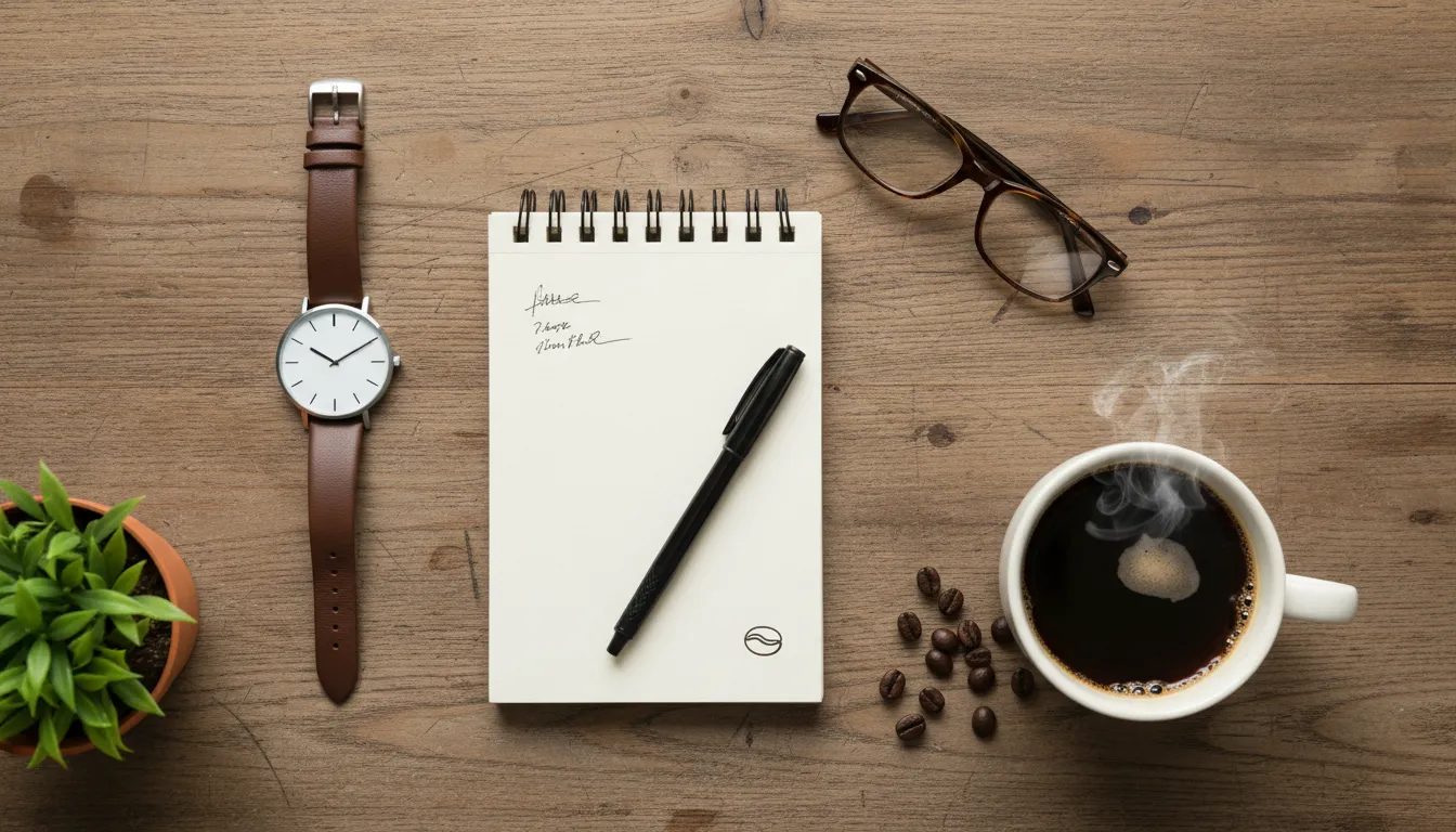 AI 生成的平铺摄影图：手表、笔记本和咖啡杯精美地摆放在木质桌面上。